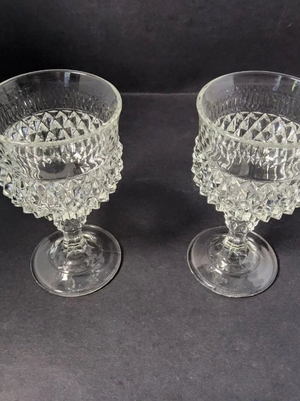 Vintage Set of 2 1960's Indiana Glass Diamond Point Clear Pedestal Wine Goblet.